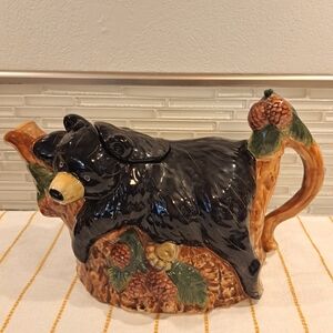 Blue Sky Clayworks Black Bear Teapot Signed Heather Goldminc Collectible